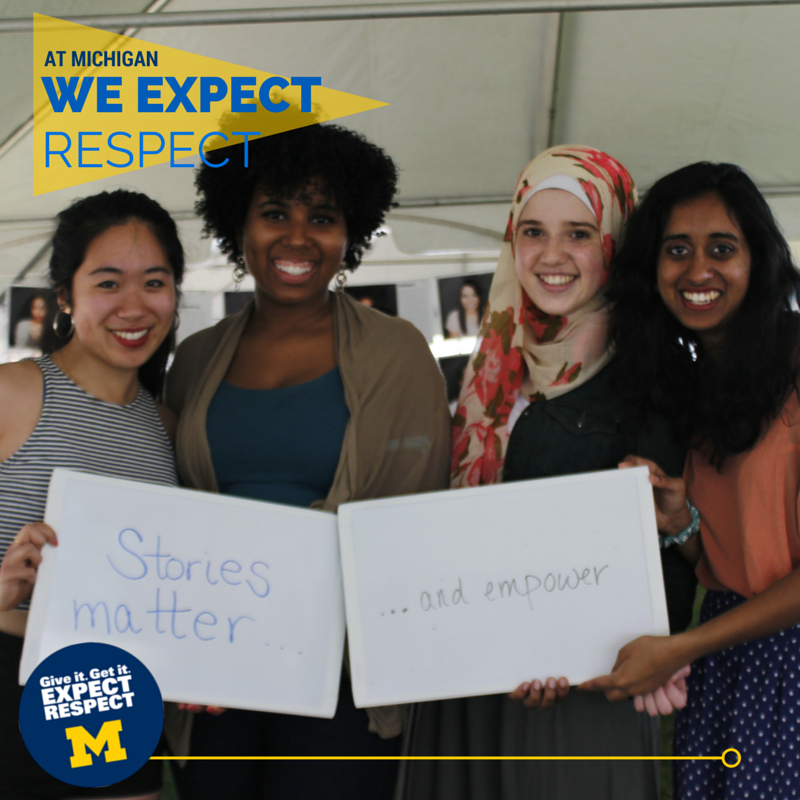 A photo of students holding whiteboards saying "Stories matter ...and Empower"